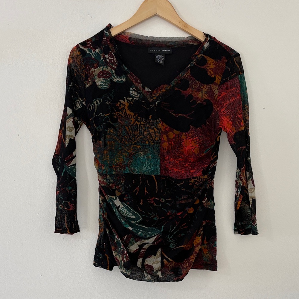 Grace Elements Sheer Print Ruched Side V-Neck Top Y2K Boho Festival Whimsigoth L